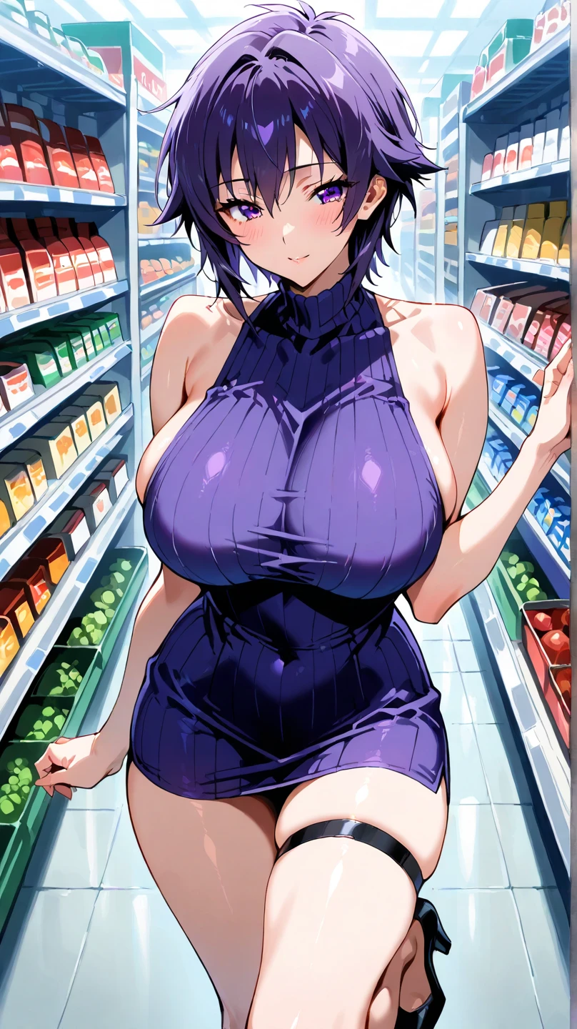 Girl with short black hair, bangs, Blue inner hair:1.25) , Purple eyes, avert your eyes, Blushing, Embarrassing, indoor, market, cash register, Oversized off-the-shoulder T-shirt, wet, Center of chest, Nighttime atmosphere, (((Big tits cleavage))), Upper Body, concentrated, Blurred Background, convenience store customer, A girl places condoms and lotions on the cash register to pay、Flashy makeup, (garu fashion:1.2)