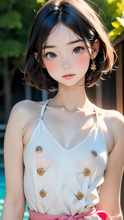 ((SFW: 1.4)),Purebred face_v1, ((Delicate face, Professional photography)), ((SFW, Super short hair, hair on the temples, blond, Large target, clear sky blue eyes, earrings, 1 girl)), Ultra-high resolution, (Practical: 1.4), RAW photos, best quality, (PhotoPractical Stick), Key Points, Soft Light, ((15 years old)), (( (Young face))), (surface), (Depth of Field), masterpiece, (Practical), Miss, Bangs,Braids, ((1 girl)), White nude see-through dress, slim, (Large target_breast:1.2,big nipples)。