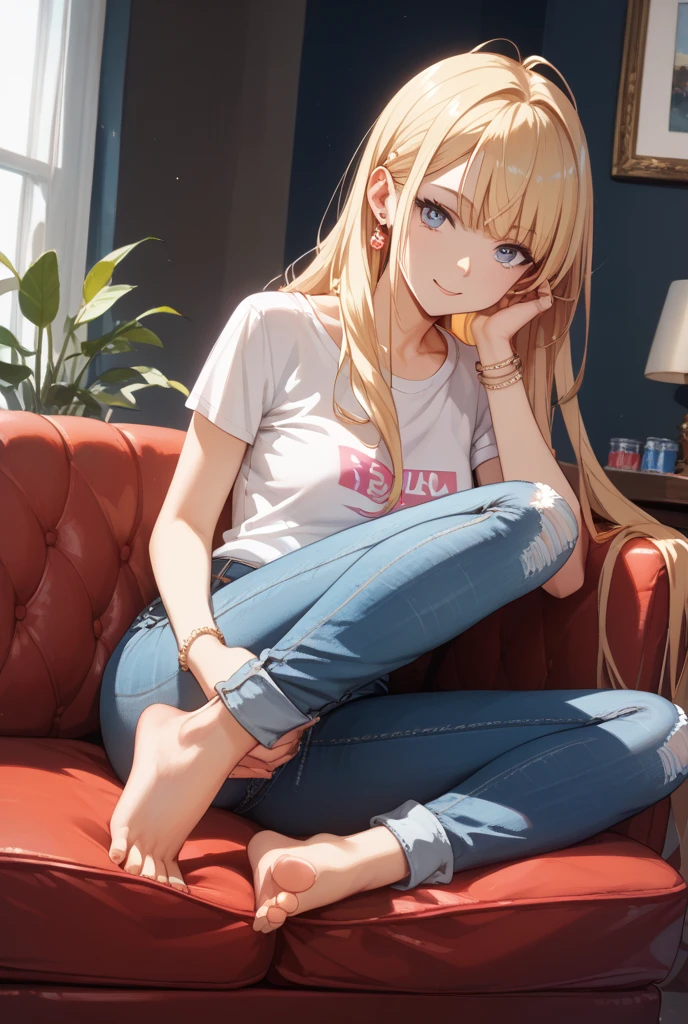 Blonde woman, young, tight white tee shirt, jeans, attractive, bedroom