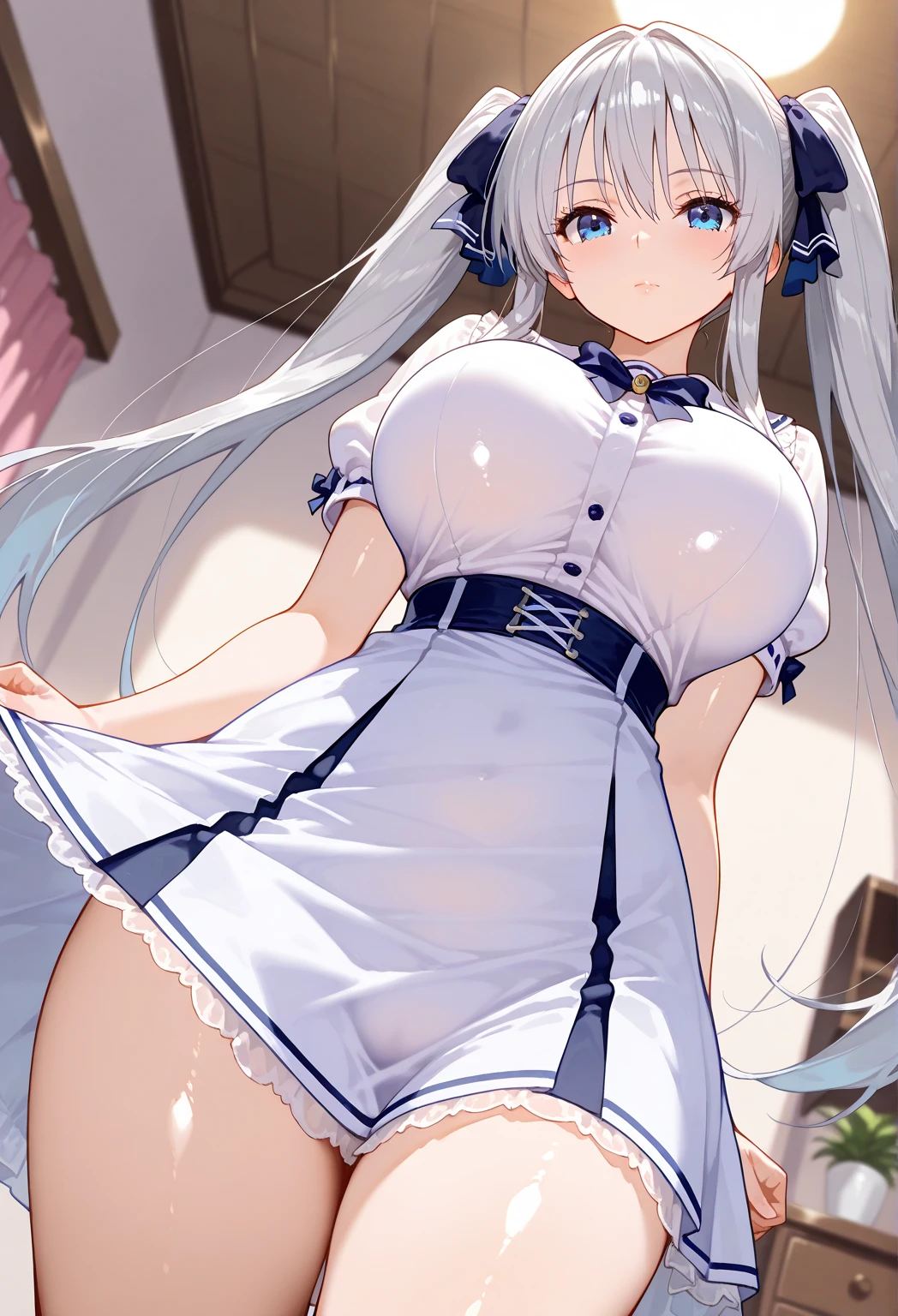 stamp one's feet, one person, best quality, Long Hair, silver hair, maid, enormous tits, morning light, blush, ecstasy
