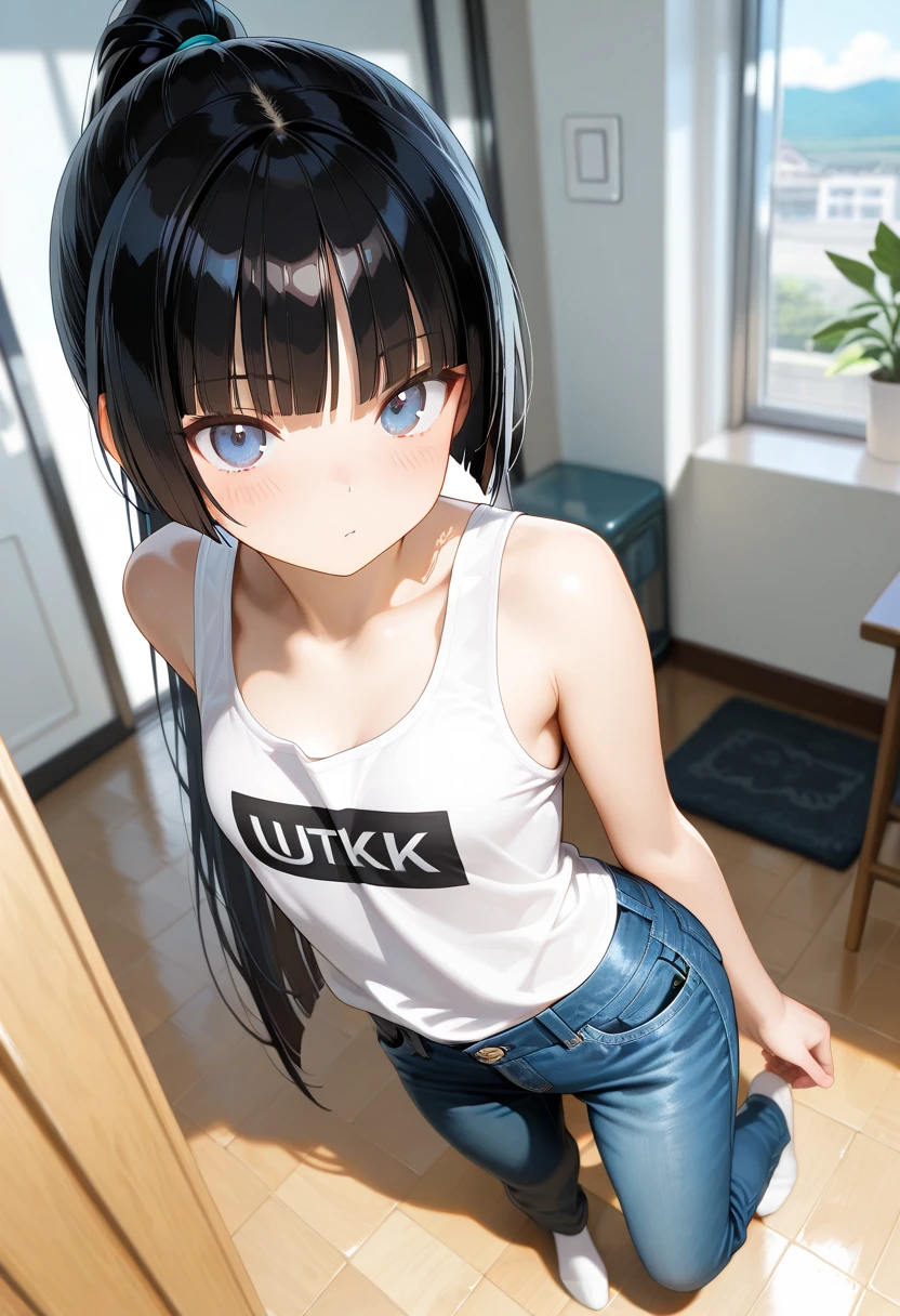 RAW photo, extremely delicate and beautiful, masterpiece, Best Quality, ultra high resolution, 16k, hyperrealistic, realistic, photorealistic, photo-realistic, ultra-detailed, detailed description, pale skin, in her 20s, very Slim body, narrow waist, very small head, very small face, delicate facial features, ((full body)), ((big tits)), medium hair, black hair, tearful mole, earring, t-shirt, tank top, Hot Pants,