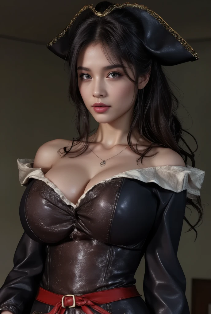 a female pirate with a sexy body figure, (Pirate:1.25),  hunting, medieval theme,  ((MILF)), fierce look, dynamic poses, dynamic angle shot, from below, from above, flowing hair,
(((masterpiece))),  ((best quality)), ((intricate detailed)), ((Hyperrealistic)), a sexy woman with pirates attributes cloths,  (huge breast), pirate bandana, jewelry, necklace, eye patch, pirate white  medieval shirt with ruffle collar and ruffle sleeve, pirate waist sash, corset , leather pants , belt, dark skin, long dress, gun holster,  , perspective, highly detailed, illustration, 1 girl, perfect hands, detailed fingers, beautiful detailed eyes, black hair, long hair  (fantasy:1.2), abstract background, at  pirate ship , nightview ,fierce look, looking at the viewer, from the front,
