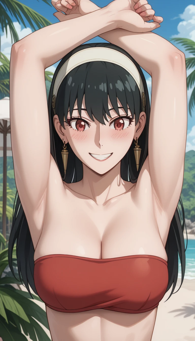 solo, black hair, 1girl, forehead protector, long hair, (konohagakure symbol:1.2), makeup, lipstick, headband, red eyes, messy hair, (smile:1.1), upper body, close-up, ocean scenery, beach, mini shorts, low waist shorts, unzipped shorts, panty line showing, red bikini top, bikini top, small bikini, bare shoulders, slim stomach, cleavage, wet, flirty smile, (big tits) big breasts, huge breasts, standing in water, cute smile, looking at viewer, full frame, body in frame, in frame