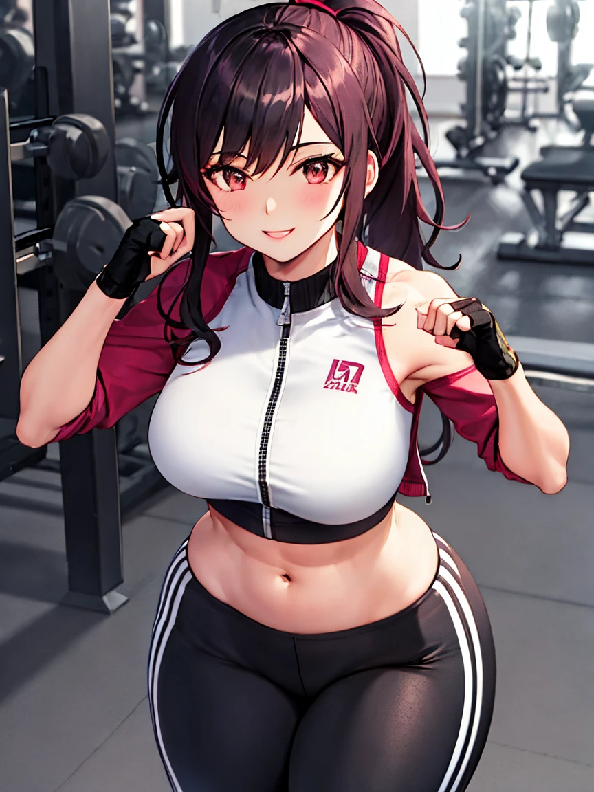 yunyun, black hair, hair ornament, red eyes, bow, braid, crown braid, large breast, sport bra, shorts, on the gym, seductive smile, ear blush, full blush, naughty