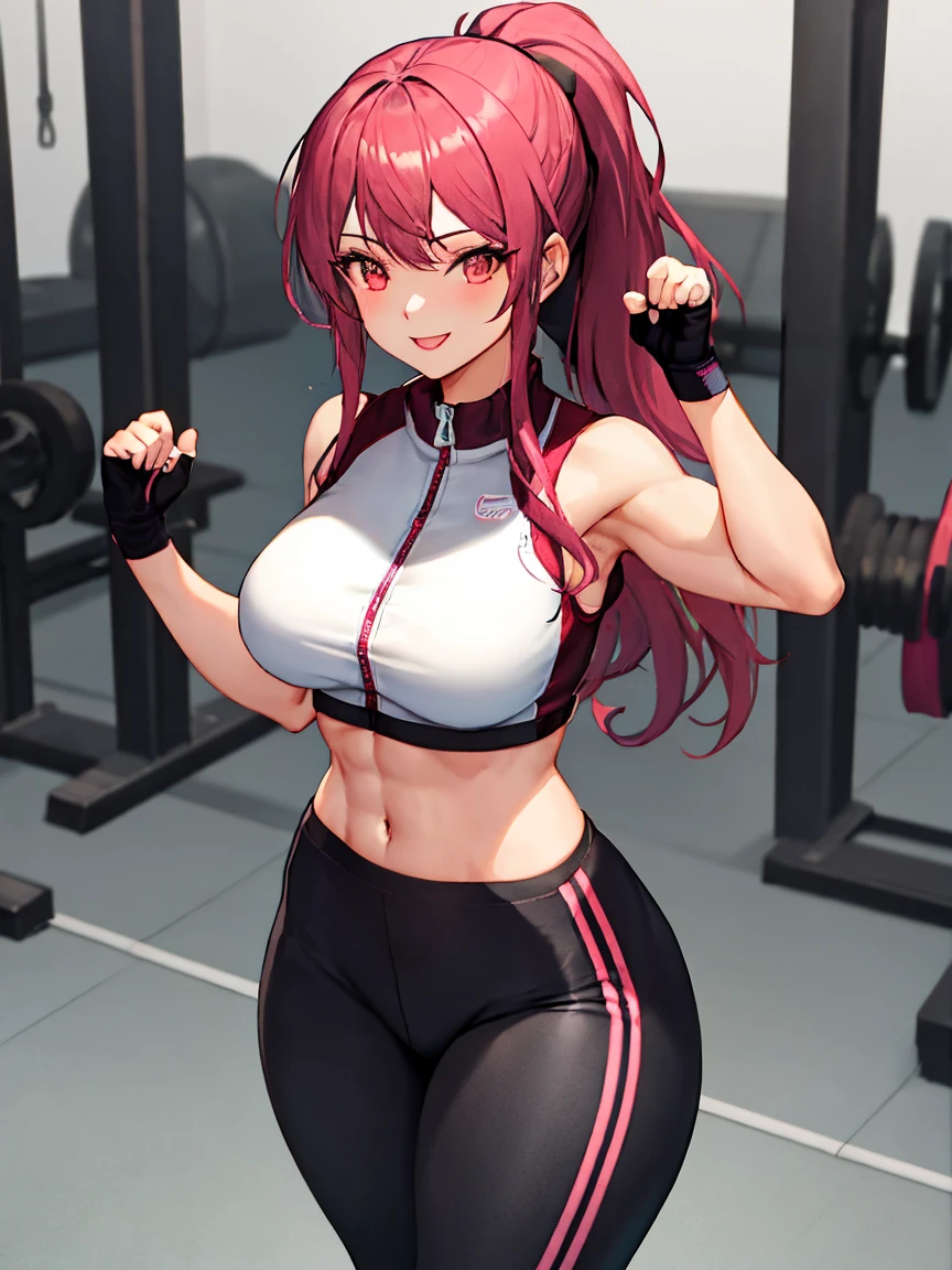 kei (dirty pair) (cosplay), 32-years-old femaile. Dark red long hair with bangs to the eyebrows. Wearing a sexy gym uniform. Sexy pose. In the gym. smiling,, standing by a mirror