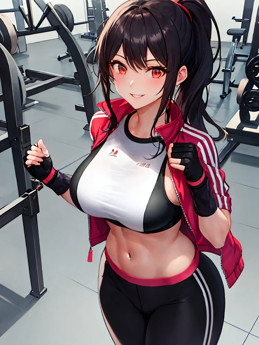 girl, in the gym, (huge breasts), long black hair, blue eyes, Red sweatshirt, shorts, cleavage, (abdominal muscles)