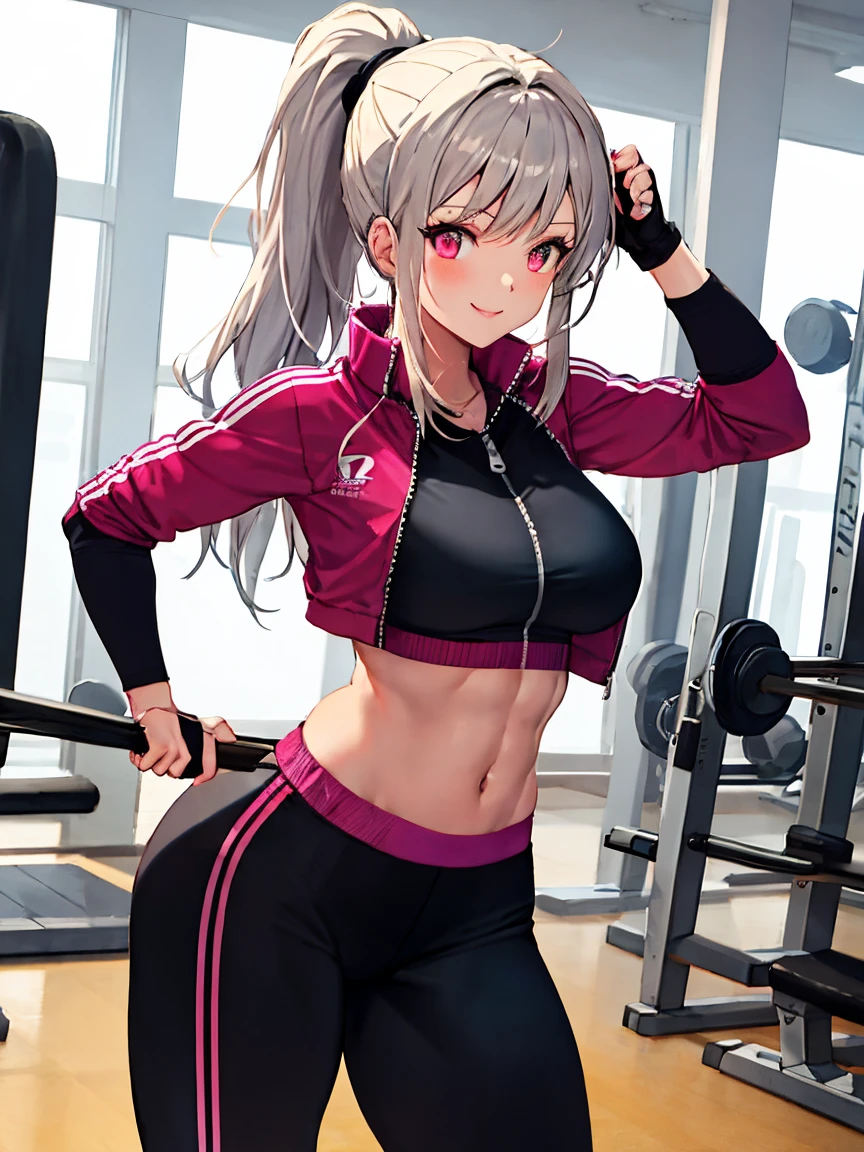 top-quality、Top image quality、in 8K,4K,masterpiece、(NSFW:1.2)、ultra-detailliert、Beautiful、ultra-quality、adult-like、Cool、girl with(((18year old、Leotard with holes、Firm and shiny skin:1.1、Bust 78、Short hairstyle with silver hair and bob, Hair tied in a bun with a hair clip, Pink eyes,、Doing squats、erotick:1.4、A smile)))、Staring from the front、hiquality、visualart、Background with((gym:1.3))、masutepiece