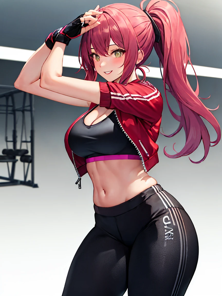 redhead, tanned skin, medium breasts, thick ass, black sports bra, black and white dolphin running shorts, black star shaped earrings, long ponytail, front shot, pure white background