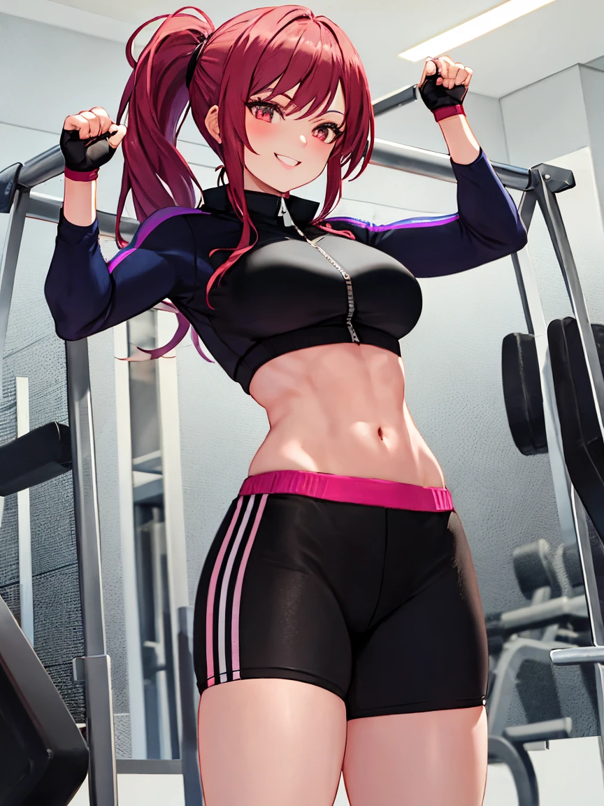 masterpiece, best quality, highres, nishikino maki,purple eyes,red hair, cowboy shot, pink skinny sweet pants, tight gym bra, sweating,sweat drops , slightly smile, (cleavage:0.7), thicc thighs, realistic art , curvy , sexual seduction, love live , standing on one leg,side ass,in mixed gym