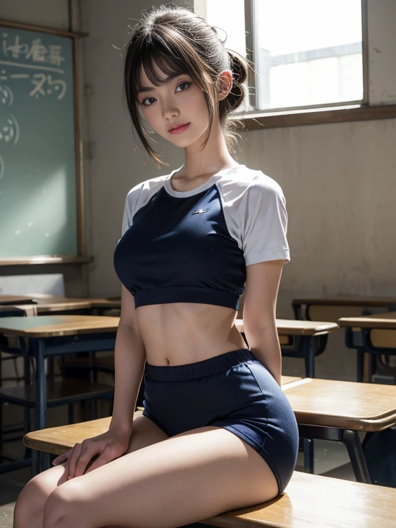 8k, High resolution, masterpiece, Realistic, In detail, Fine texture, Head-to-toe portrait, Full body image, (Turn your body towards the camera:1.4), High Contrast, alone, BREAK, 45 year old mature woman, Voluptuous figure, White skin, Natural Makeup, Brown Hair, bangs, Straight hair to shoulders, BREAK, ((School-designated gym clothes)), ((The upper body is a white gym uniform with a very short hem., Short sleeve, There is a dark blue line:1.2)), ((The lower half of the body is a tight navy blue bloomer)), ((Ultra low rise navy blue bloomers:1.4)), The length of the bloomers is very short, High-cut swimsuit bloomers, Show your belly, BREAK, Thick around the abdomen, (Sit with your legs apart:1.3), Raise your knees, Bend your legs, Big Breasts, ((The upper body is wearing gym clothes)), ((School classroom)), Looking into the camera, Full body photo, Focus on the groin, Camel Toe:1.2, 
 Exposing thighs, White shoes下, White shoes, Keep your buttocks on the floor, Place your hands on the floor, 