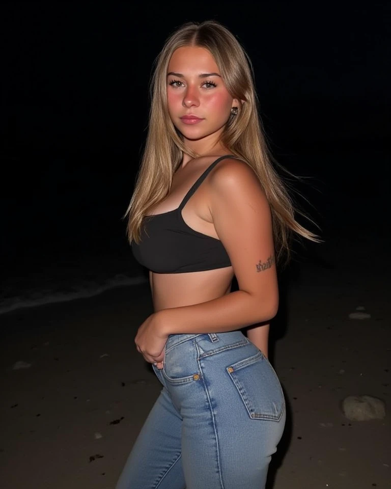 raw photo, professional photoset, Nicole Aniston, silver top, denim mini skirt, posing on the beach, looking at the viewer, night, starry sky