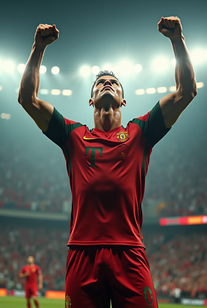 Celebration after a Goal** :
"cristiano Ronaldo levant les bras au ciel, celebrating after scoring a decisive goal. His radiant smile and the energy of the supporters around him create a festive atmosphere.. Keywords : cristiano.maillo Portugal.number 7 standard mode ;4hd