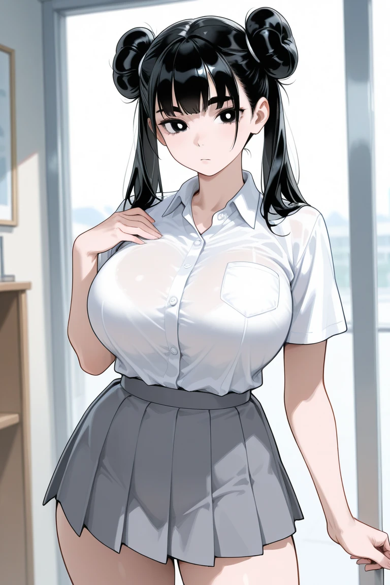 ((best quality)), ((masterpiece)), (details), one girl, sexy ((best quality)), ((masterpiece)), (details), one girl, sexy ((best quality)), ((masterpiece)), (details), one girl, full body, sexy expensive body, expensive, long legs, mature woman, mature, adult, it_nagatoro_main, Hayase Nagatoro, one girl, blushing, alone, uniform polo shirt, short sleeves, black hair,brown eyes, hair accessory, looking at viewer, hair clip, smiling, long hair, dark skinned woman, dark skin, , bangs, daytime, skirt, collared shirt, collarbone, ear clip, mouth closed, tree, asymmetrical bangs, upper body