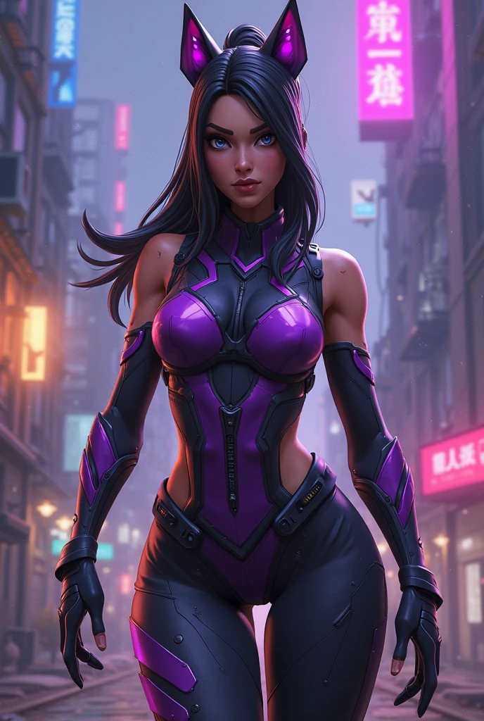 (((comiс style, arte dos desenhos animados))). Uma imagem em comiс style de Psylocke, com ela como figura central. She is standing, ((hands holding two katanas)). Ela usa uma fantasia roxa e rosa, with a purple and pink mask. Ela tem muito tempo, cabelo liso roxo, olhos roxos, and red lips. (((corpo quente, sexy, sensual, Dedos de camelo))), She is surrounded by a night city, with Skyscrapers, pontes e luzes. She has a determined and confident expression, como se ela estivesse pronta para combater o crime.