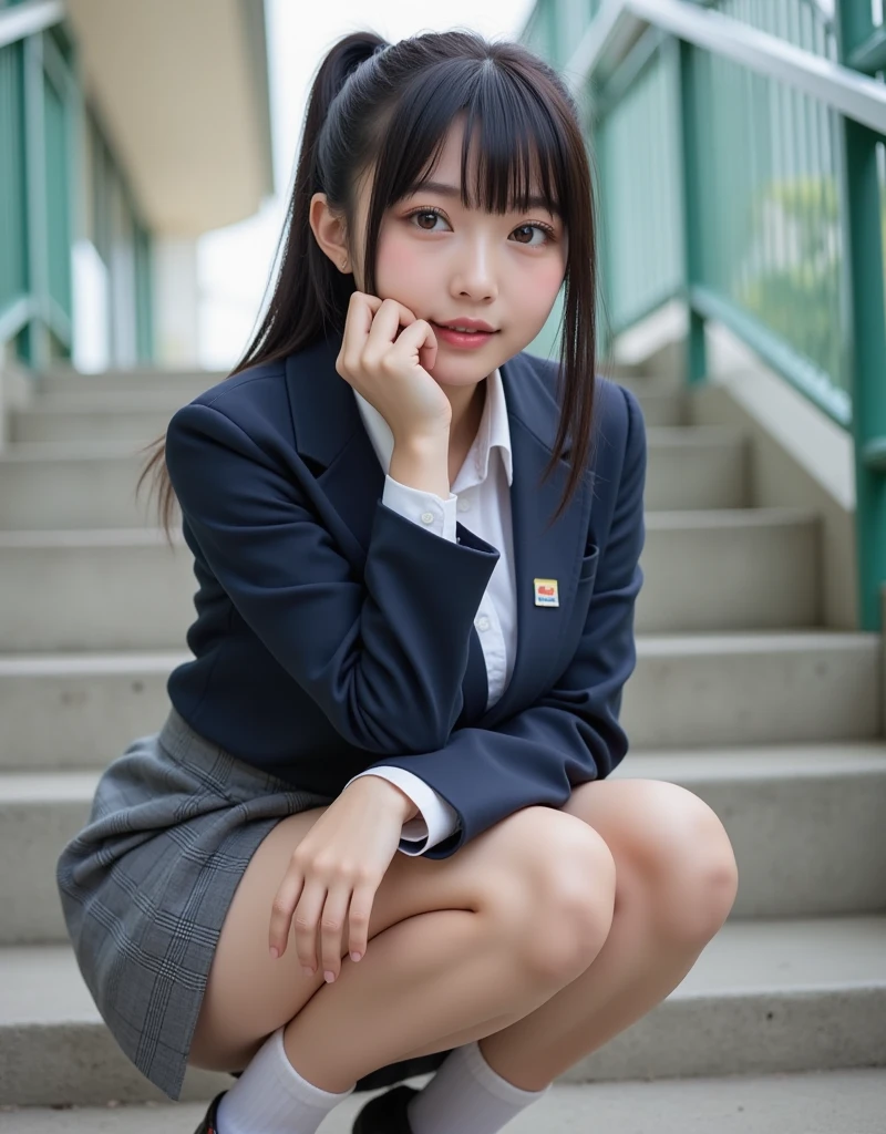 (8K、Raw photography、top-quality、masterpiece、realisitic、Photorealsitic、photon maping、photon maping、Photorealsitic、ultra-detailliert、profetional lighting、low angles:1.2、Textured skin)、(1 girl in)、(独奏:1.7)、(Alone:1.7)、full-shot、Height is 165cm、18-year-old schoolgirl、(Squat with your crotch wide open to the lens:1.2)、Shibuya at night in Japan:1.5、Sidewalk lined with shops、Japan High School Uniforms、(Selected black student shoes:1.5)、(Dark blue blazer:1.5)、(plaid skirts:1.5)、White shirt for students:1.2、neck tie:1.2、MCharacter opening leg、100 degree leg opening、Crotch wide open、Light brown medium hair、(White panties with thin fabric:1.5)、(Bare legs:1.5)、cammel toe、(Black loafers:1.5)、beauitful face:1.5、perfectly proportions:1.2、Long feet、Panties can be seen from under the skirt、(Blazer, skirt and shirt do not take off:1.5)、At SFW:1.1