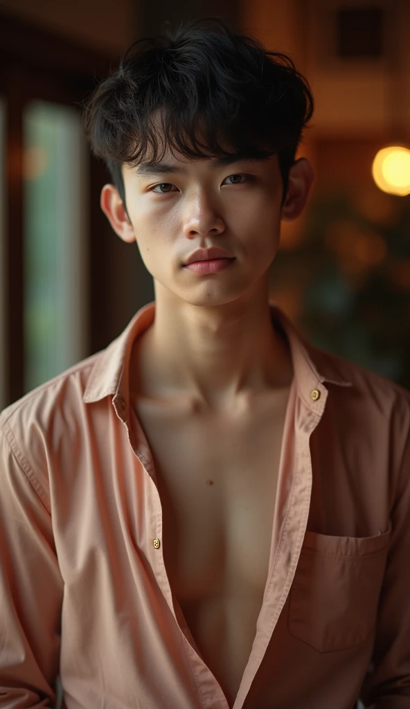 RAW photography, 1boy, male focus, topless young guy, messy hair, looking at viewer, on the street, Beautiful lighting, deep shadow, Best Quality, masterpiece, Ultra-high resolution, photo-realistic, blurry background