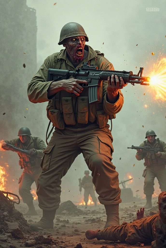 ((best quality)), ((masterpiece)), ((ultra realistic)), ((disney style)), beautiful intricately detailed soft oil painting by jim lee, brutal war scene from world war 2, explosions, gun fire, hiring soldiers, mud, raining, tank, screaming, terror, filthy, blood, wounded, highly detailed, ((1man firing a rifle, body portrait)), professional, 8k, uhd, soft volumetric lighting, depth of field, film grain, smooth, roughness, real life, soft warm vibrant color palette