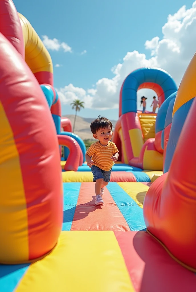 Children jumping on a bounce house with candy
