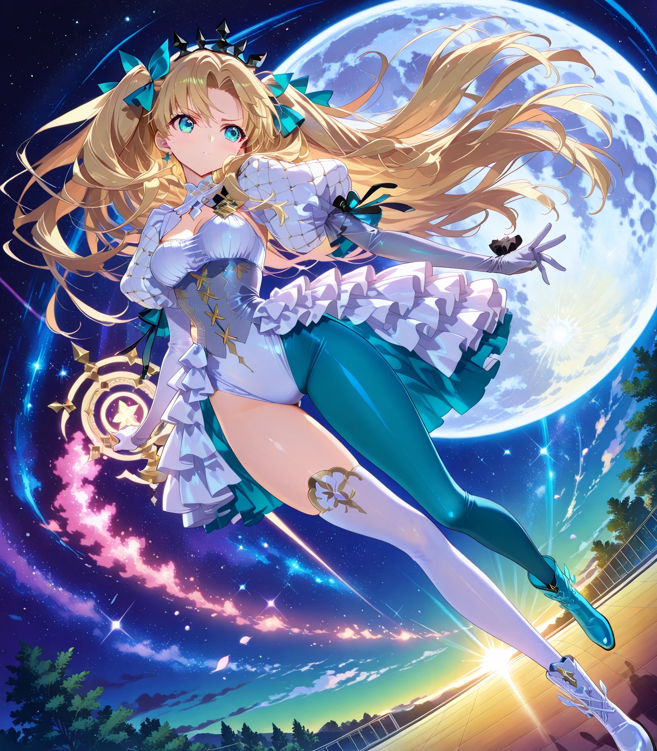 {{{masterpiece}}}, {{{top quality}}}, {{Super Detailed}}, {{very delicate and beautiful}} ,High score,high resolution,Incredibly high resolution, Anime screencap, pastel colors, Anime, shiny skin in classroom, balanced upper and lower body structure, Highly detailed, super detail, official art ,score_9, score_8_up, score_7_up,Highly detailed, masterpiece, top quality, very beautiful, Very High resolution, , top quality, Rich Contrasts, high resolution,8k,texture,{Safety:1.10}, Outdoors, moon, space,moonlight,1girl, shy smil,Put your finger on your lips, space_ereshkigal_fgo, (aqua eyes:1.3), blonde hair, long hair, parted bangs, curled horns, headpiece, hair ornament, hair ribbon, aqua ribbon, leotard, puffy sleeves, puff and slash sleeves, long sleeves, elbow gloves, grey gloves, frills, aqua pantyhose, single leg pantyhose, frills, single thighhigh, white thighhigh, asymmetrical legwear, asymmetrical footwear, mismatched footwear, mismatched legwear, white boots, aqua boots, floating hair,dynamic pose, focus on characters, Dutch angle,Focus on the chest, S-Core _9, S-Core _8_up , S-Core _7_up , Highly detailed, super detail, official art,dynamic angle, , score_9, score_8_up, score_7_up,Highly detailed, masterpiece, top quality, very beautiful, Very High resolution, {{{masterpiece}}}, {{{top quality}}}, {{Super Detailed}}, {{very delicate and beautiful}}, top quality, high resolution,8k,texture,{Safety:1.10}, BREAK:Very High resolution, anatomically accurate, Learning Management System,