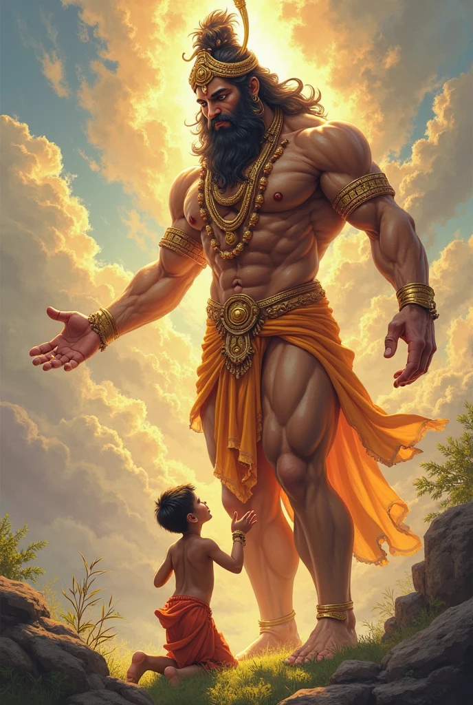 Create a high-quality image of Hanuman, the Hindu deity, standing on a rock with a glowing golden halo. Hanuman should be muscular, wearing traditional attire and ornaments. A boy, dressed in orange with Name "Lovely" written in white bold font clearly, kneels and prays before him, receiving his blessing. The background should show a peaceful, mountainous landscape with soft clouds and warm, ethereal light.