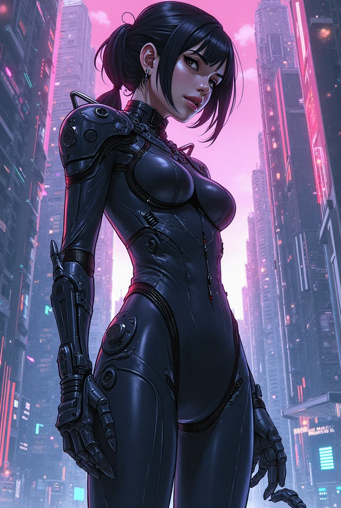 (best quality,ultra-detailed,realistic:1.37),portrait,beautiful detailed eyes,beautiful detailed lips,intense gaze,stern expression,dark atmosphere,metallic texture,shiny armor,reflective surfaces,bobcut hairstyle,futuristic fashion,leather jacket,black clothing,urban setting,city street scene,night time,neon lights,grimy alleyways,motorcycle,assassin,deadly weapon,confident stance. cameltoe