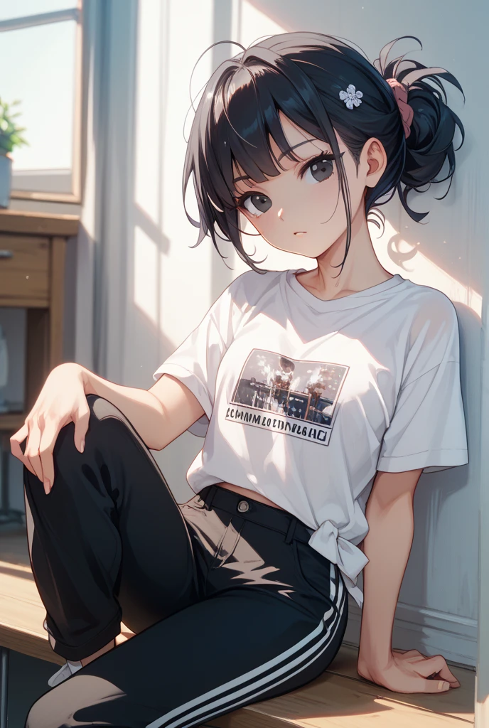 (child)，highest quality，Beautiful face in every detail，cute，Dark brown eyes，(背の低いcute女の子，Small young student，Young delicate girl）,（masterpiece，Top quality)，Black Hair，Sleepy expression，Short sleeve，jeans