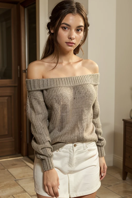 ((Highest quality, 8K, masterpiece: 1.3)), sharp: 1.2, Perfect Body Beauty: 1.4, Slim Abs: 1.2, ((nude、Big Breasts: 1.2)), (((Ribbed sweater:1.3, Off-the-shoulder sweater))), Short shorts:1.2, Bare shoulders, (((Underbust: 1.1))), Face close-up: 1.0, Highly detailed face and skin texture, Beautiful Eyes, double eyelid, (((Looking down at the camera)))