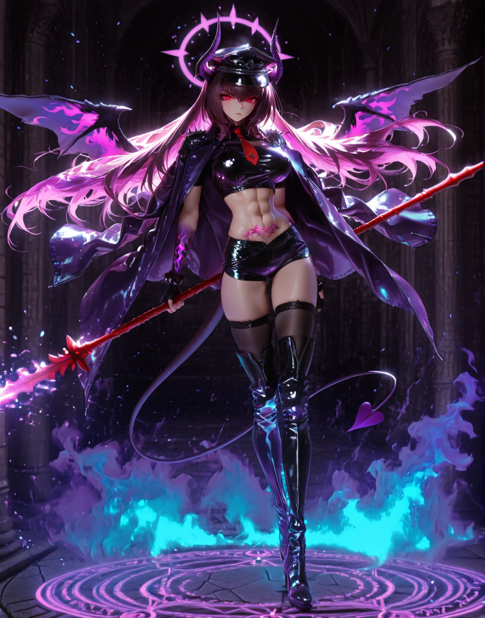 1 girl, succubus, dark colors, horns, dark pink colors, dark pink, realistic art, blue violet, fluorescent colors, hot pink, neon orange, neon pink --niji --q 0.25