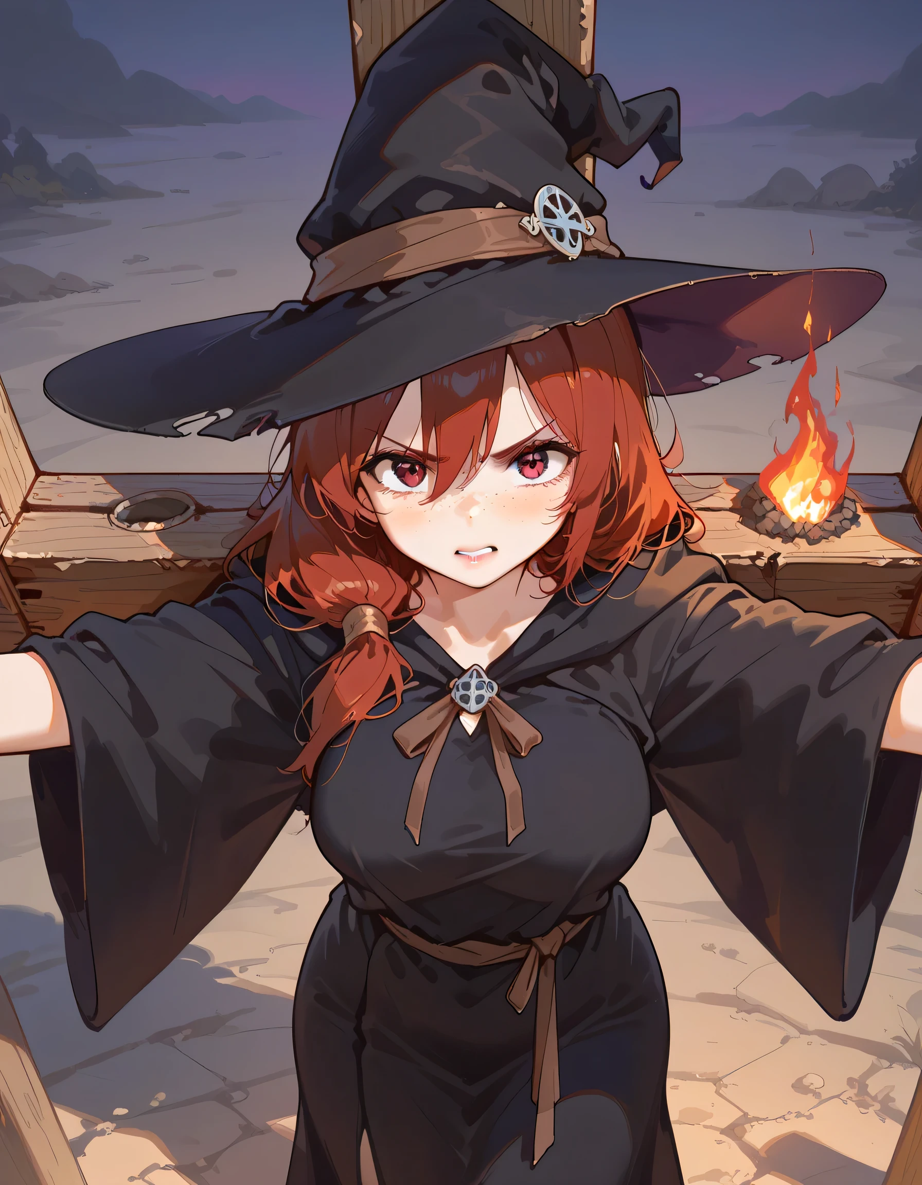 best quality, masterpiece, 1 girl, (silhouette lighting:1.3), contrapposto, 13 years old, (head shot, upper body:1.5), ultra detailed face, light brown two braids hair with bangs, hourglass figure, oily skin, black big witch hat, black ??????, cloak and glove, (underboob:1.2), her sweating a lot, (graveyard at night:1.3), supermoon