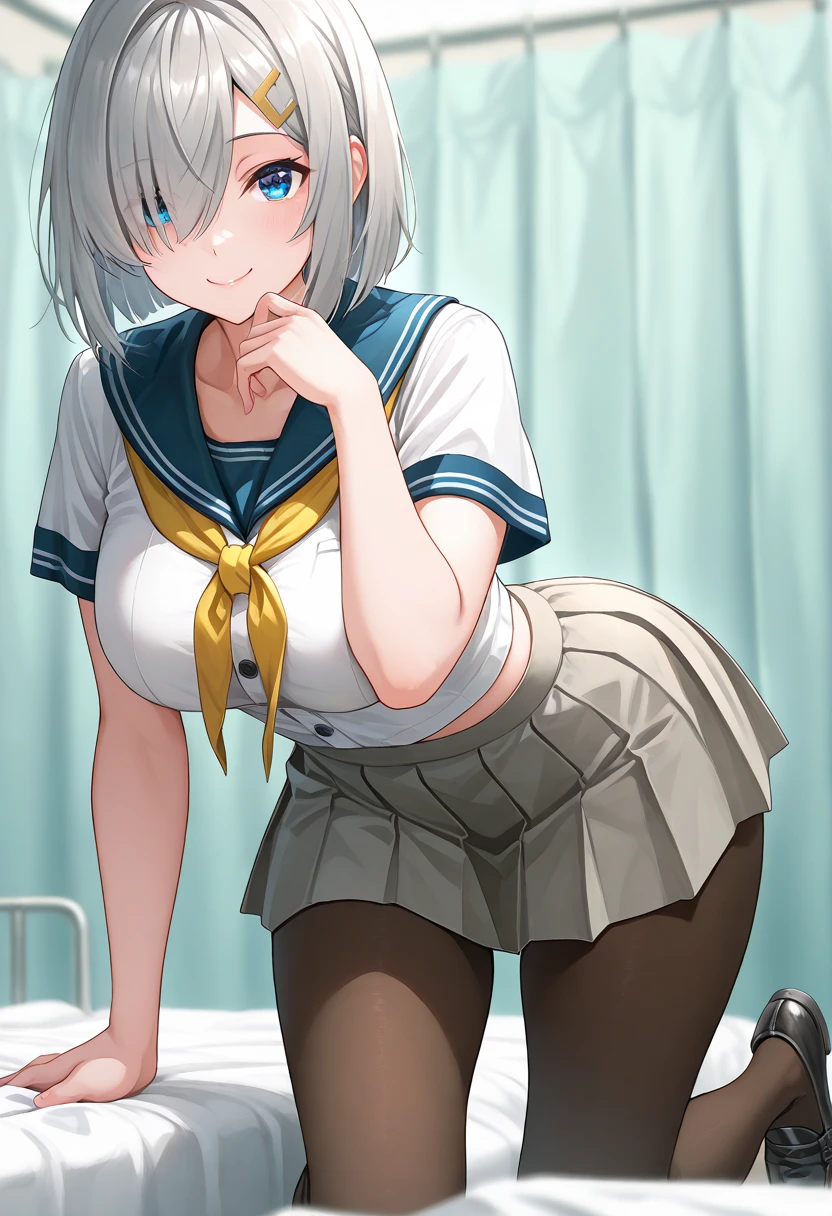 {{best quality}}, {{very aesthetic}}, {{ultra-detailed}}, {{best illustration}}, woman,silver hair,bob cut,green eye,pov,orgasm face,((steam)),1woman,1girl,light blue lace panties,white nurse,from below,hospital