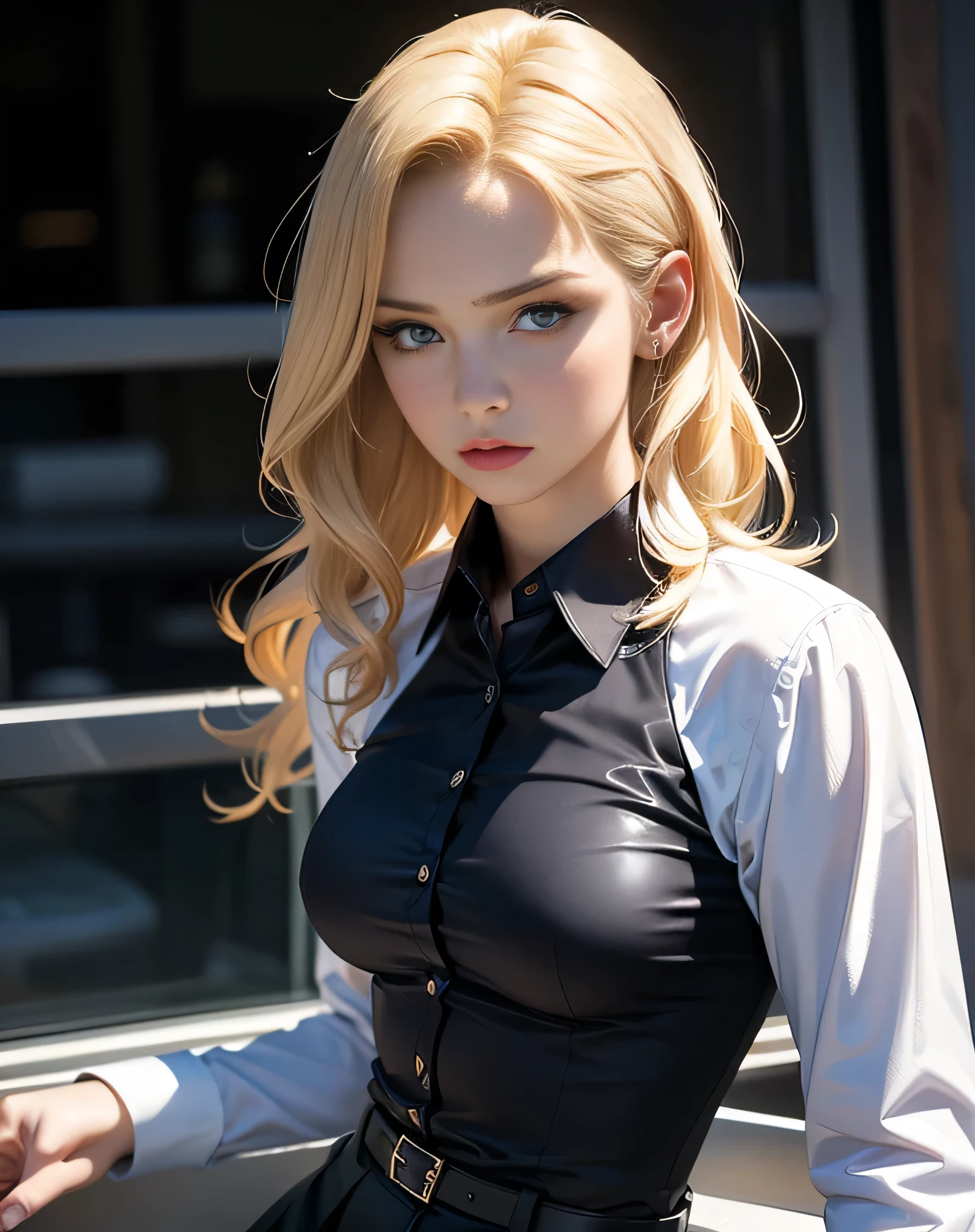 (masterpiece, highres, best quality:1.2), 8K, highly detailed, intricate, colorful, vibrant image, sharp focus, cinematic) blonde hair, long hair, green eyes, body builder (Wearing black business outfit, black_collared shirt cropped jacket ,tie,necktie,black frilled skirt, garter straps, leather waist belt) (big perfect round breasts,hourglass body, thin waist,very thin waist, Photo realistic,(hyperrealistic:1)beautiful, masterpiece, best quality, extremely detailed face,perfect face,beautiful face, perfect lighting,detailed eye makeup, detail face, nice detailed eyes,nice hands, perfect hands,glowing eyes (realistic pupils,realistic iris:1) heavy eye makeup,(empty Casino)(Posing dynamically)