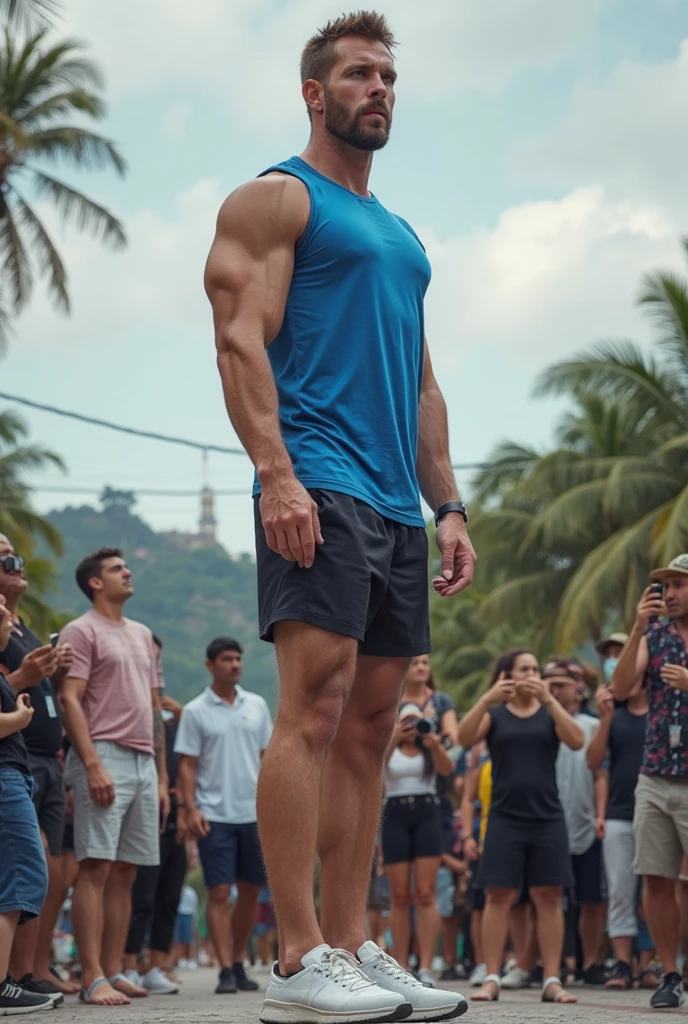 (masterpiece), ((giant:1.4)), a giant asian guy, handsome korean guy, wearing tight brief, (wearing sneakers:1.2), very big muscles, massive muscles, (small buildings:1.2), ((seating on small buildings)), muscles, abs, hd, 8k, looking at the viewer, (buildings:1.3), perspective