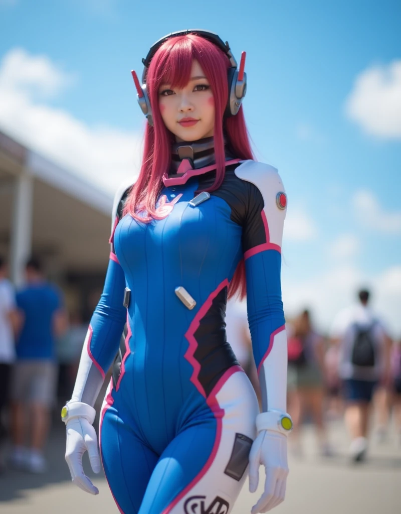 score_9,score_8_up,score_7_up,score_6_up,score_5_up,score_4_up,highly detailed,real life,analog, (1girl:1.3), a upper body portrait shot of (D.va:1.2) from overwatch, sexy skintight full bodysuit, face paint, detailed eyes, on a bridge, a canal of an italian city, Venice, stone work, cobblestones, boats, ,(crowds of people and robots:1.2), bright sunny summer day, (smile:0.7), vibrant colors, high saturation