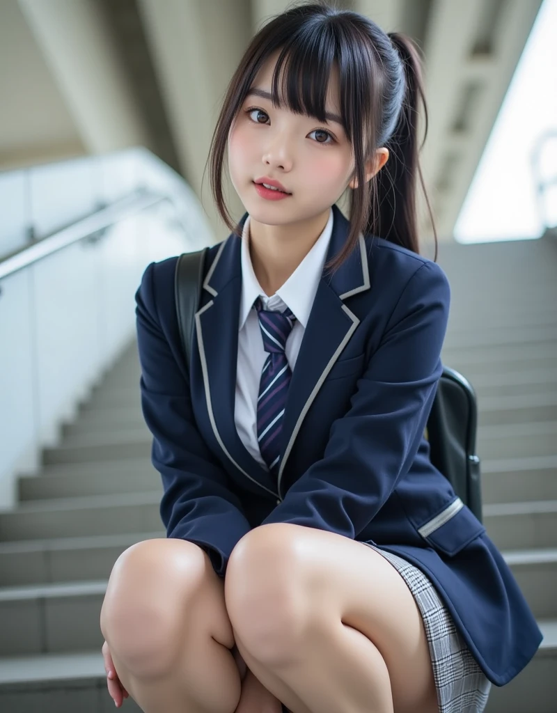 best quality, facial focus, soft light, (depth of field), ultra high res, (photorealistic: 1.4), RAW photo, (upper knees: 1.4), (sideways) 1Japanese girl, solo, handsome, (shy, smile: 1.1), (brown eyes), detailed beautiful face, (long hair), High school classroom, (seated chair), (school uniform: 1.4, navy skirt, navy Blazer)