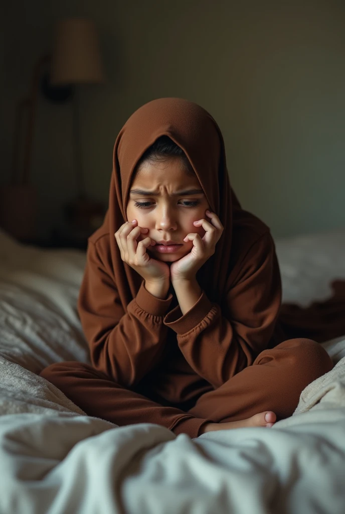 A dramatic, full-body portrait of a beautiful 35-year-old Indonesian woman wearing only her hijab, bra, and panties, sitting on a bed as she cries emotionally, covering her half-naked body with her hand. Her facial expression is one of shame and sadness, having just been humiliated by her 17-year-old son. In the background, a sleeping 14-year-old boy lies next to her. The scene is captured in sharp focus, with surreal lighting and composition. The woman's beautiful face, slim physique and small breasts are prominently featured, as well as her thin waist. The entire image is rendered in stunning detail, with lifelike realism and subtle depth of field. The camera captures the scene in a raw, candid style, reminiscent of 16mm film. Color grading is reminiscent of Portra 400 film, with vibrant colors and nuanced shading.