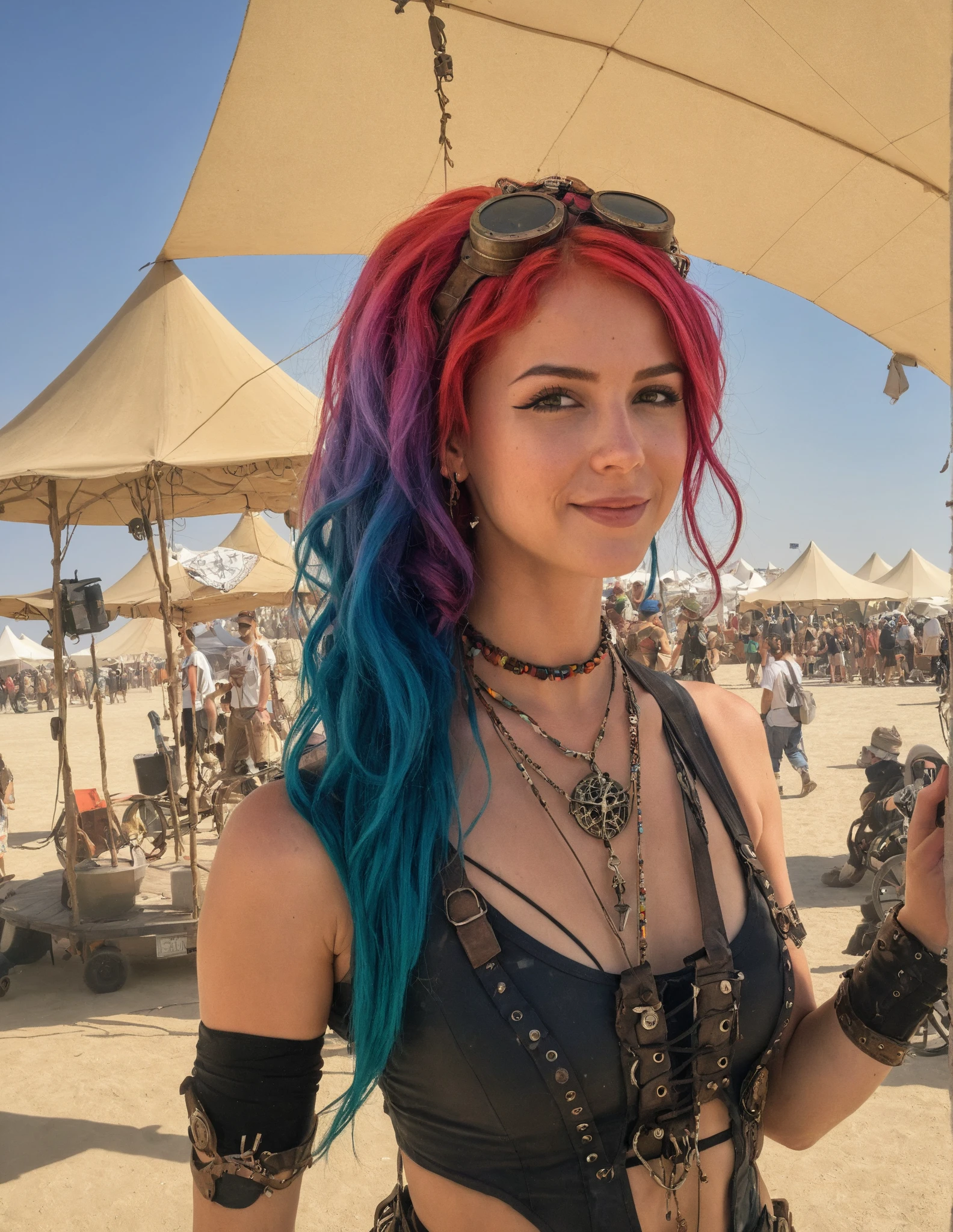 cute woman Selena with colorful hair at burning man tent, daylight, steampunk cosplay, (freckles:0.2)