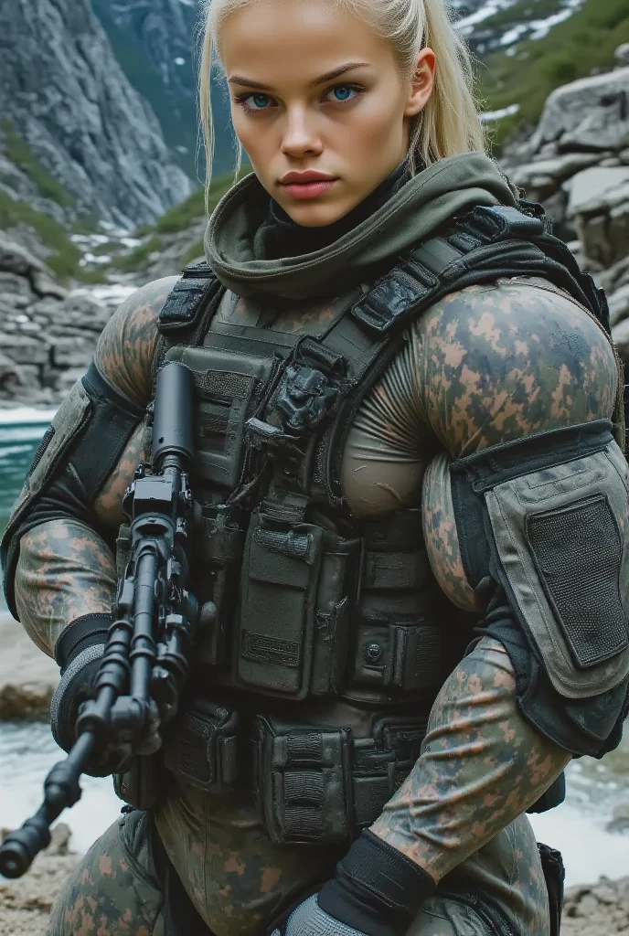Mulher sexy seios grandes, muscular athletic body, tactical vest , cabelo ruivo, glasses showing off his NSFW muscles