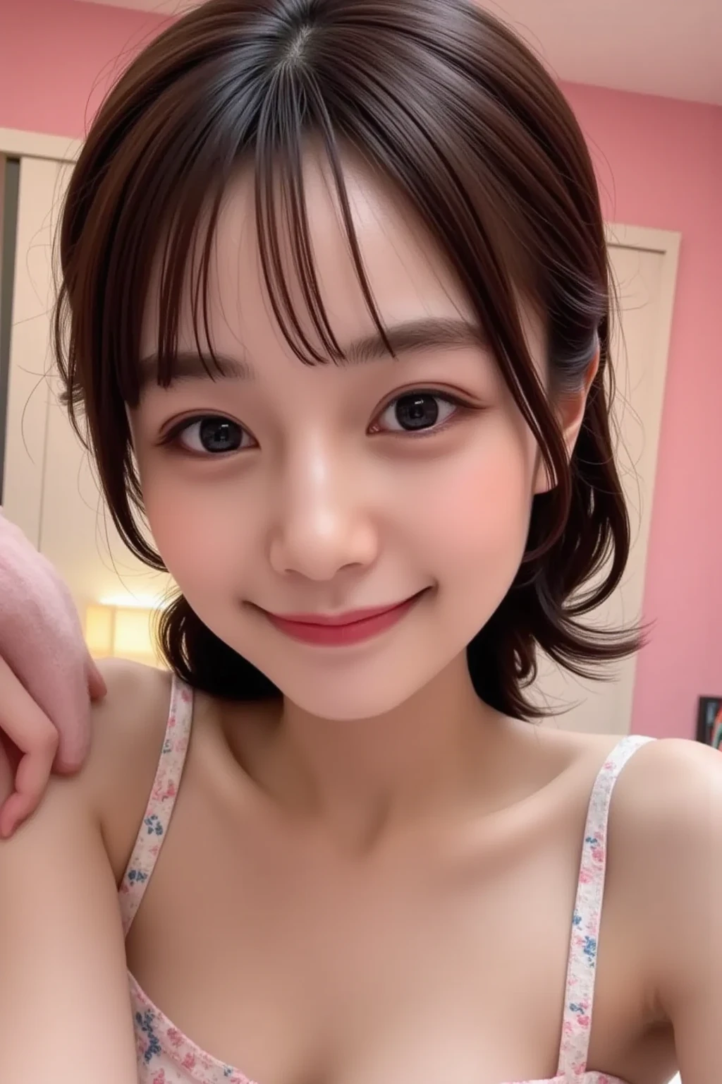 One Girl,Very cute girl at 16 years old,Big eyes:0.5,The face is facing straight ahead,Body facing forward,Beautiful nose,Fuller lips,Short black hair,ponytail,Detailed eyelashes,Thin eyebrows,Symmetrical eyes,Face close-up,White swimsuit,Portrait,View Viewer, half smile:0.5,