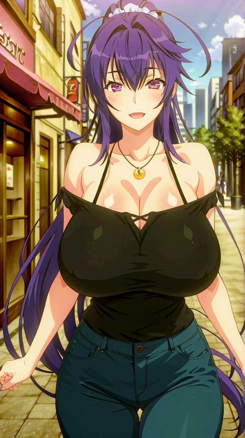 (sitting on bench), purple dress, black skirt, night city street, Nijou Aki, 27 yo, mature women, anime cels style, best quality, high resolution, (gigantic breasts:1.3), cowboy shot, blush, smiling, (purple eyes), blue hair