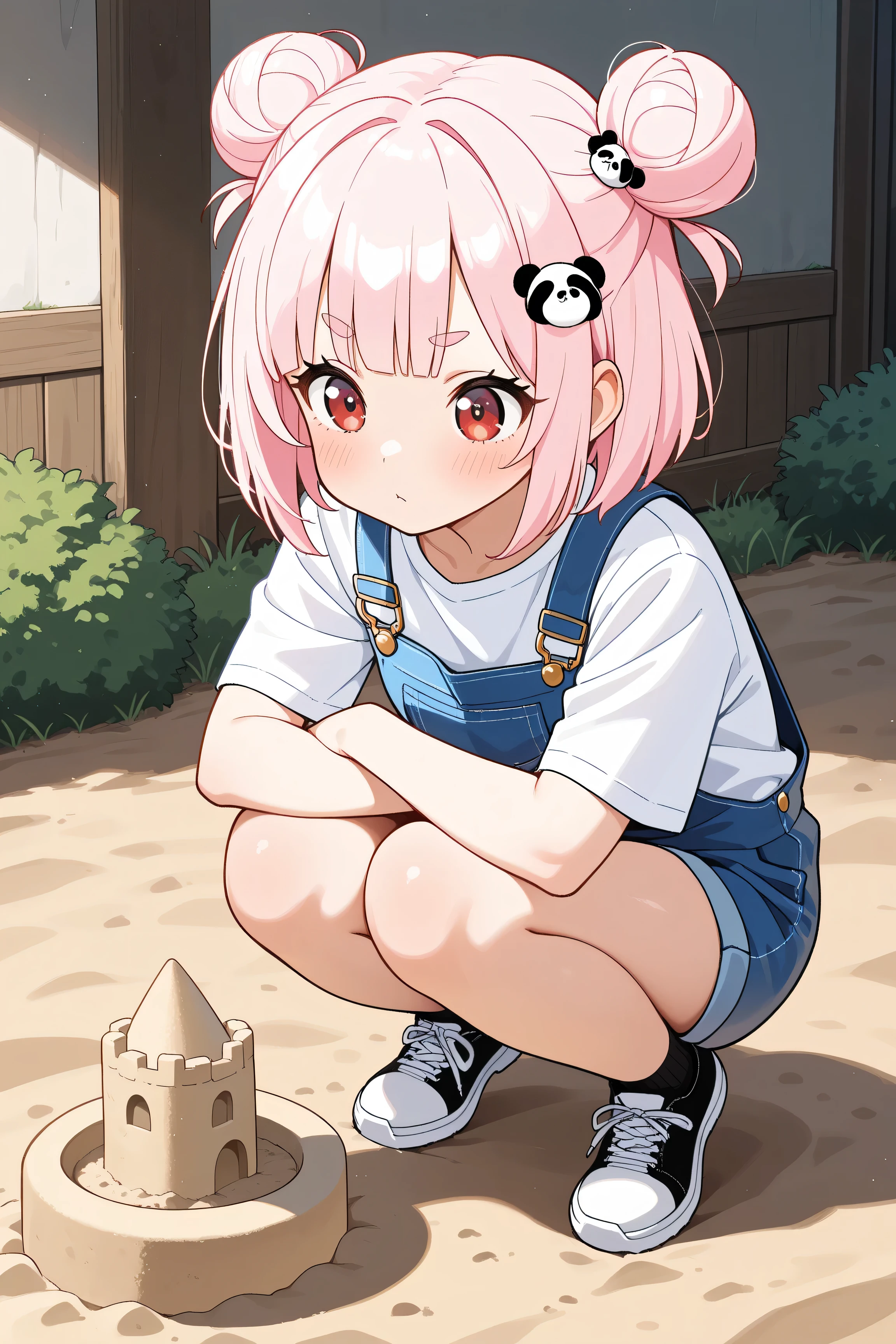 masterpiece, best quality, high resolution,4K, highly detailed, ultra detailed, ((detailed beautiful eyes)), full body, Alone, 1 girl, light pink hair, small double bun hair, half twin hair, short hair, hime cut, thin oval eyebrows, Red Eyes, ((bangs Panda face hairpin)), Sandbox play, They are building a sand castle, Soil stains on the face, Overalls, squat