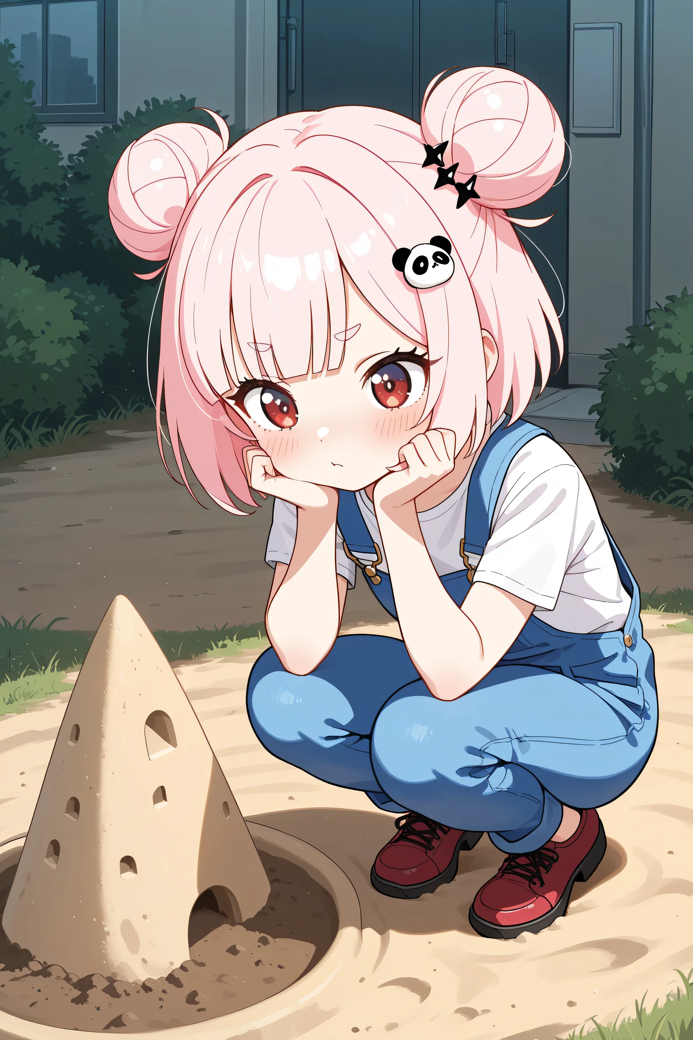 masterpiece, best quality, high resolution,4K, highly detailed, ultra detailed, ((detailed beautiful eyes)), full body, Alone, 1 girl, light pink hair, small double bun hair, half twin hair, short hair, hime cut, thin oval eyebrows, Red Eyes, ((bangs Panda face hairpin)), Sandbox play, They are building a sand castle, Soil stains on the face, Overalls, squat