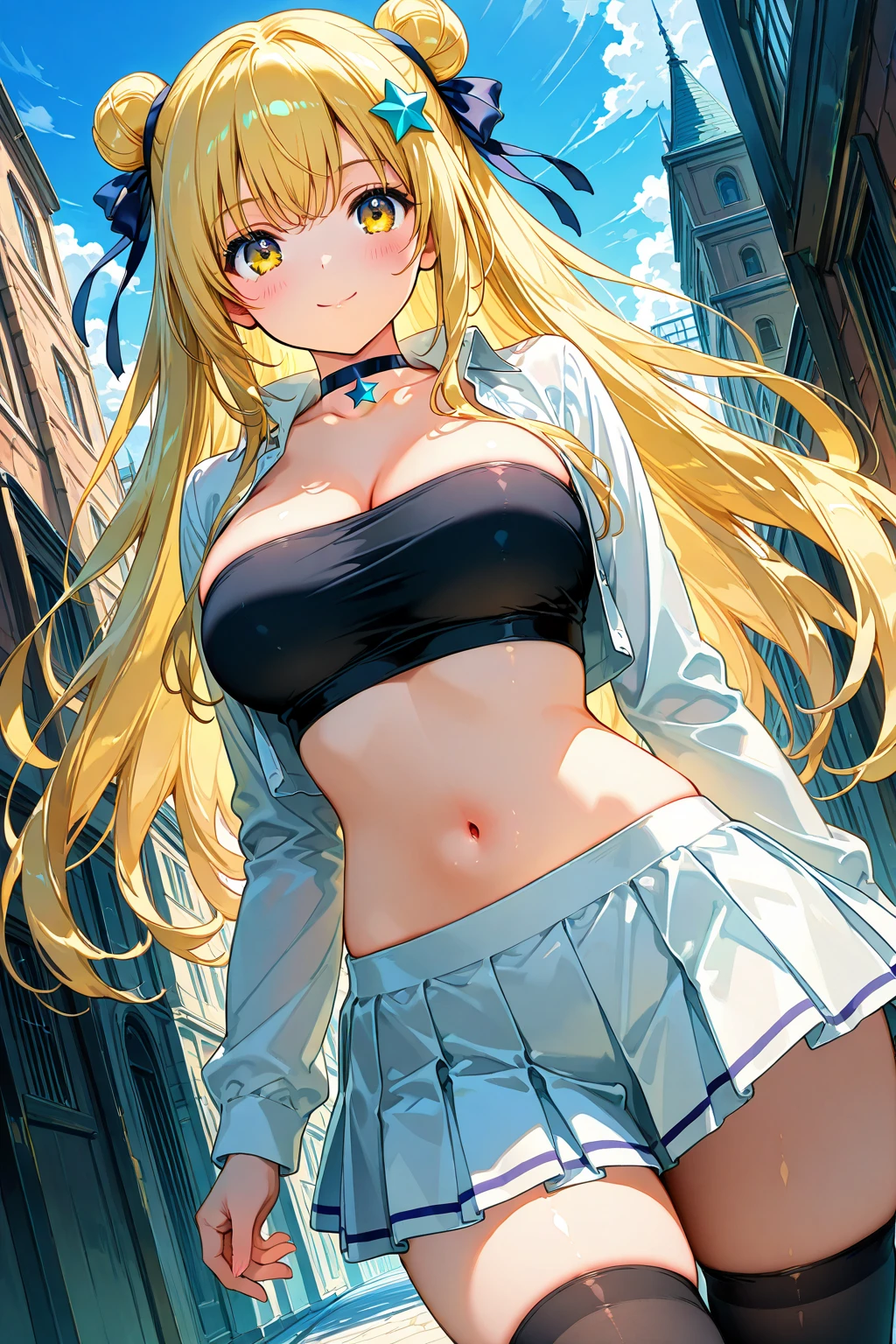 (master piece、best qualtiy、highly detailed、illustratio、超A high resolution)、 ((Colorful graffiti art background at night:1.5)、(highly detailed night background))、 (One Beautiful Girl、Long Blonde Hair、extra detailed face、extremely detailed eye、二重まぶた、blue eyess、sexy facial expression、Open mouth and smile happily、embarrassed from、(Blue earrings)、Thick lip)、 ((Tie the white shirt at the belly button:1.3)、(Showing off her exposed blue bra under her open white shirt:1.7)、(cleavage:1.5)、(tight black pleated skirt:1.6)、(Blue sexy panties:1.4)、Cameltoe)、 (Huge breasts、short waist、wide-hips、thick thight、Plump、skin tanned:1.7)、 posterior view、Lift your skirt with both hands、(dynamic angle from below:1.3)、ultra close up、(nipple protrusion:1.3)、Scale to fit image, lace fabric underwear