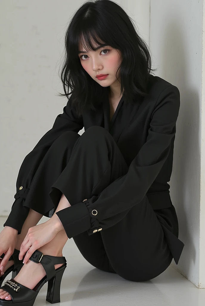 photograph of a 30 year old woman, cara perfecta, Obra maestra, Bien, ropa interior, negro_Bien, chaqueta, negro_bragas