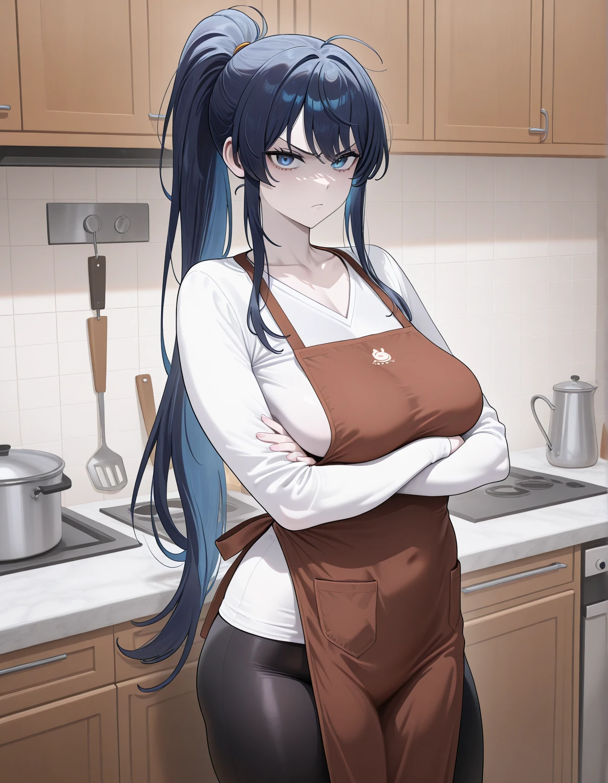 score_9, score_8_up, source_anime, 1girl, solo, KoboKanaeru, blue eyes, long hair, blue hair, colored tips, white hair, high-waist skirt, The uniform features a vibrant, blue batik patterned shirt with long sleeves. A simple black belt cinches the waist.,long skirt, blue navy skirt,, long sleeves, , standing, indoors,house kitchen, (bound wirsts), (arms behind back), (tapegag, tape gag), dramatic, (looking at viewer), (detailed pupils:1.3),pencil skirt,big breast ,red rope, thick rope