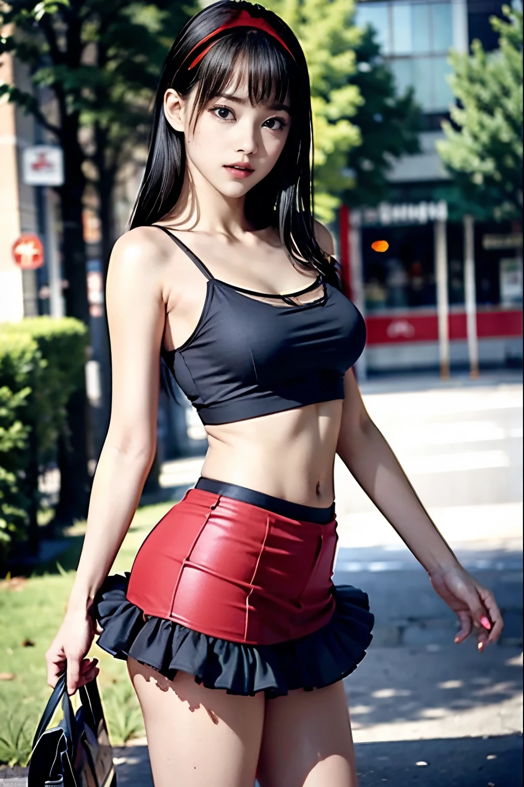 warm smile, 8K, Raw photo, realistic: 1.25), (lip gloss, eyelash, shiny face, Glossy skin, highest quality, ultra high resolution), ((black top)) ((skirt on the hip)), ((bare midriff, navel outdoors, exposed navel))