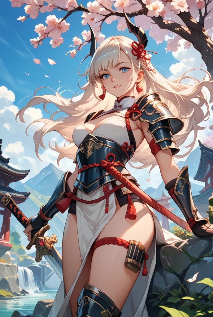 (8k, highest quality, masterpiece),(Realistic, RAW Photos, Super Fine Clear), Realistic Light, Detailed skin, (1 beautiful girl with slim body, Age 25, knight:1.5), Thin legs, fine grain, Long white hair, Detailed fingers, thin, Sexual, Expressions of ecstasy, Super big , A firm bust that sways violently, The chest of the armor is wide open., Exposing the breasts, (Crimson armor), (peach, peach garden, Flower Storm), Lakeside palace