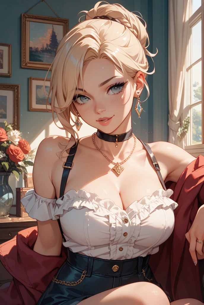 (Masterpiece), (4k), ) (vivid colors), (evening light) 40 year old blonde woman, egocentric and egotistic, dressed as a successful MILF businesswoman with a seductive but superior look and pose, dressed in a low-cut red blouse through which part of her white lace bra protrudes, a short black floral skirt in the living room of her horny house with some earrings golden hoops and golden bracelets