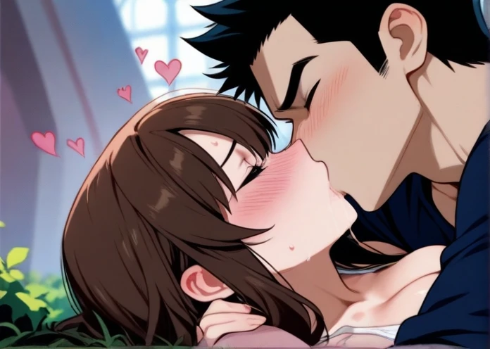 （masterpiece) high details, a male and female wearing school uniform, masutepiece）（high-detail）Male and female couples in their 20s、1 male, 1 female、Light 、During a kiss、Romance for women、Glossy atmosphere、Glossy look、ks、embracing each other、femele（Brown hair semi-long、negligee）closing eye、Sweet sigh、male people（black hair shorthair、Y shirt、Untied tie、legs showing）Close your eyes strongly、Background with、deep in the night、Darker, female was shocked