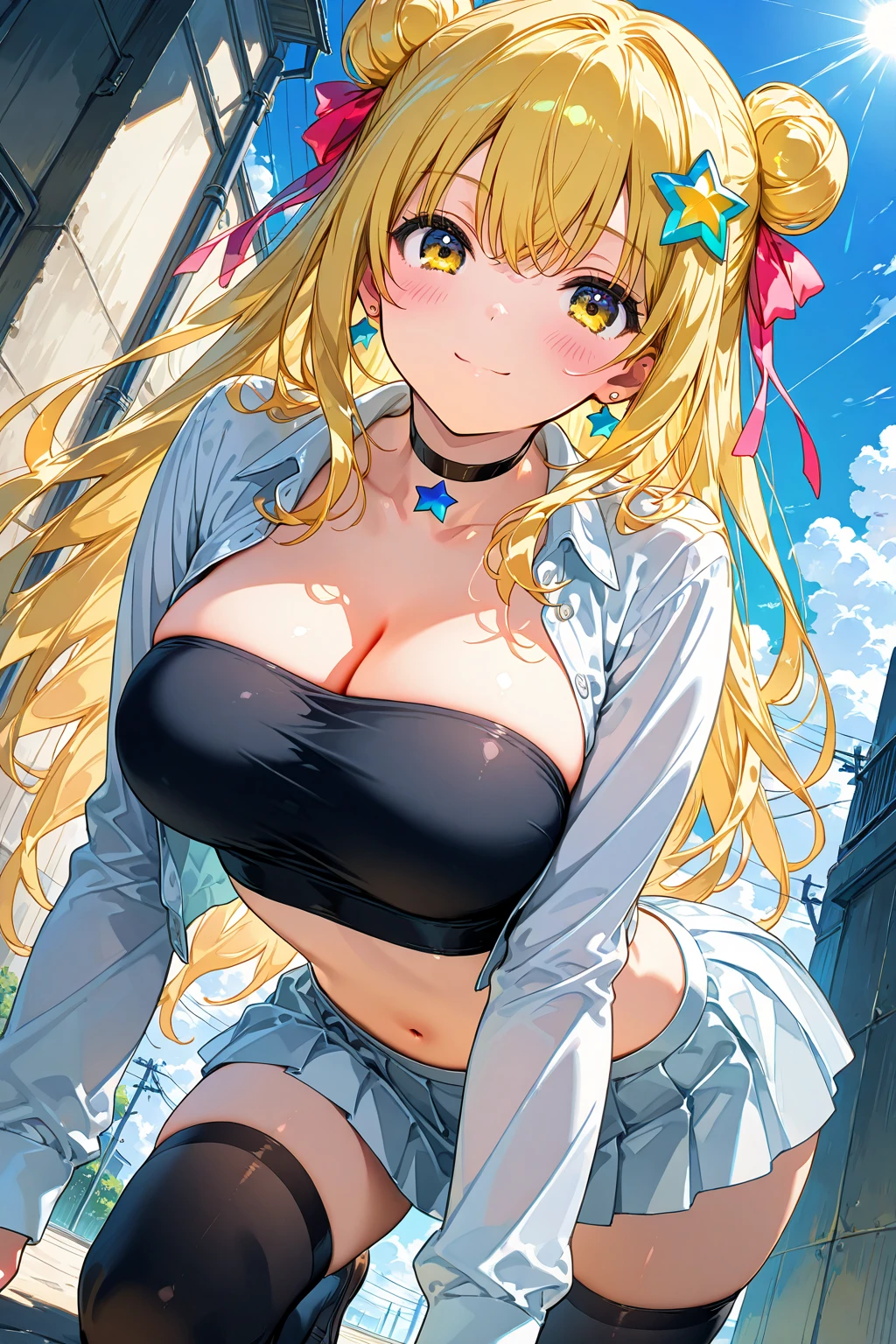 Super detailed、highest quality、Best image quality、masterpiece、8K、Anime Face、A kind smile、Open Mouth、Sparkling Blue Eyes、(Blonde wavy hair:1.5)、(SFW huge body:1.2)、(She is wearing a white high-cut thong.:1.5)、Muscles of the whole body、(In underwear:1.5)、Hands on hips