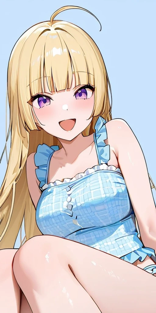 Anime girl, blue eyes, blonder hair, muy voluptuosa, teen, big breast, shy smile, wallpaper, puffy fabric crop top, long pleated skirt with prints, strap, breasts bounce, house